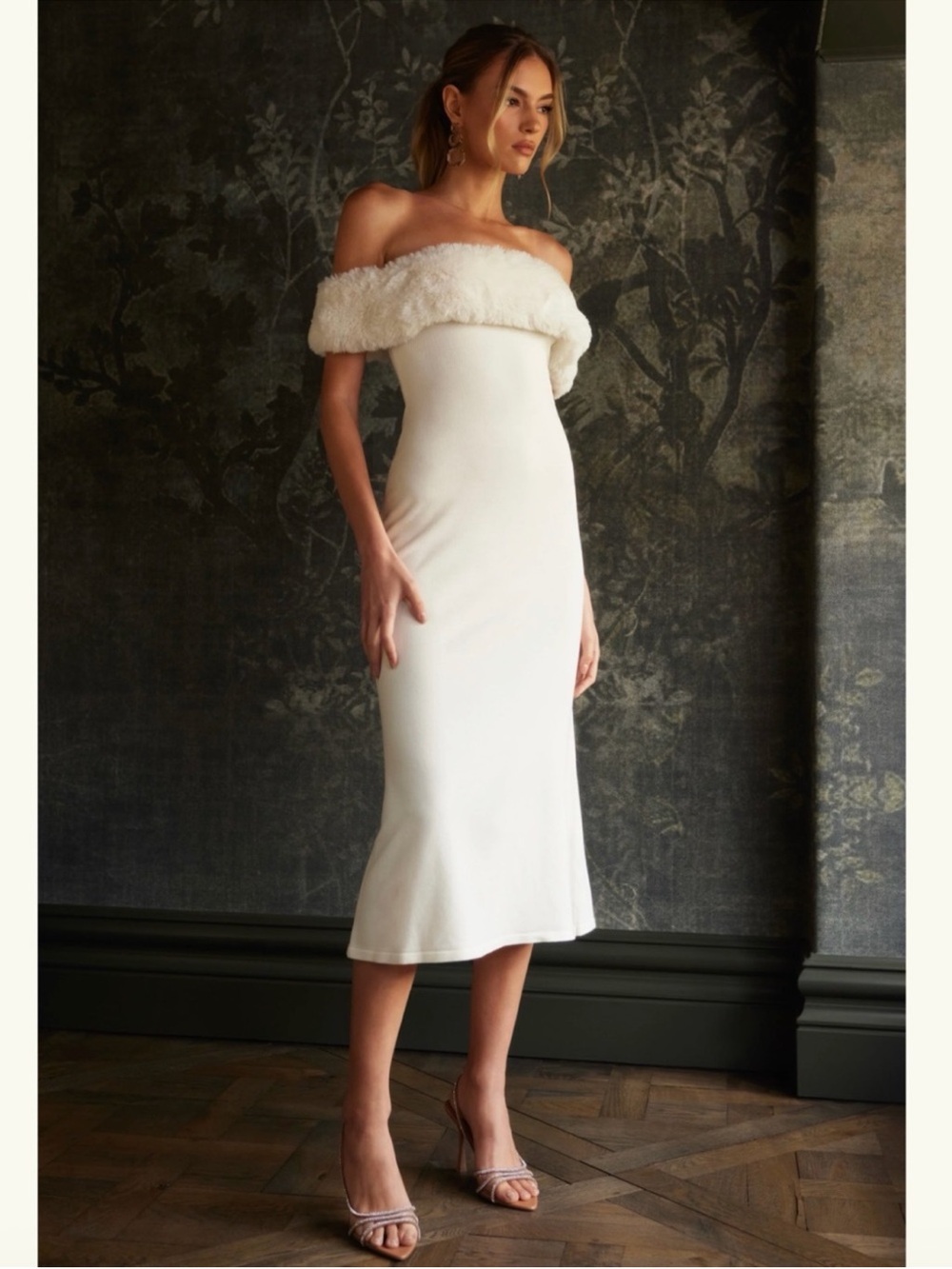 Meshki Off-Shoulder Cream Midi Dress with Faux-Fur Trim
